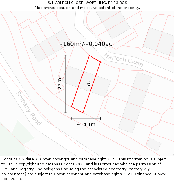6, HARLECH CLOSE, WORTHING, BN13 3QS: Plot and title map