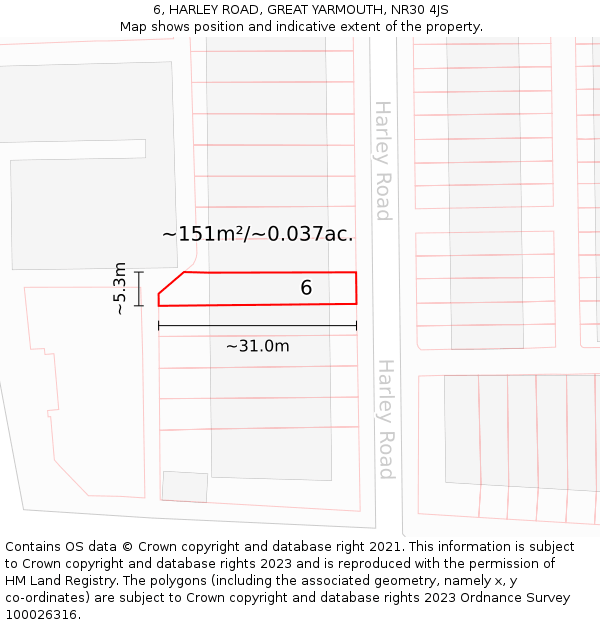 6, HARLEY ROAD, GREAT YARMOUTH, NR30 4JS: Plot and title map