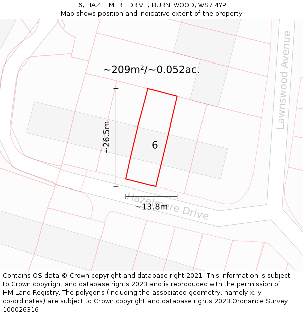 6, HAZELMERE DRIVE, BURNTWOOD, WS7 4YP: Plot and title map