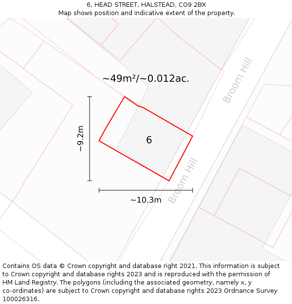 6, HEAD STREET, HALSTEAD, CO9 2BX: Plot and title map