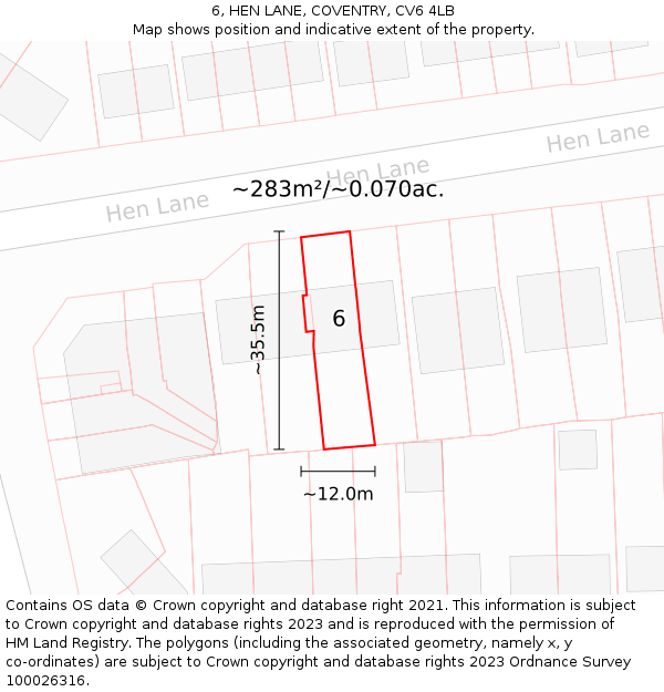 6, HEN LANE, COVENTRY, CV6 4LB: Plot and title map