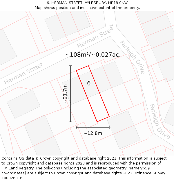 6, HERMAN STREET, AYLESBURY, HP18 0NW: Plot and title map