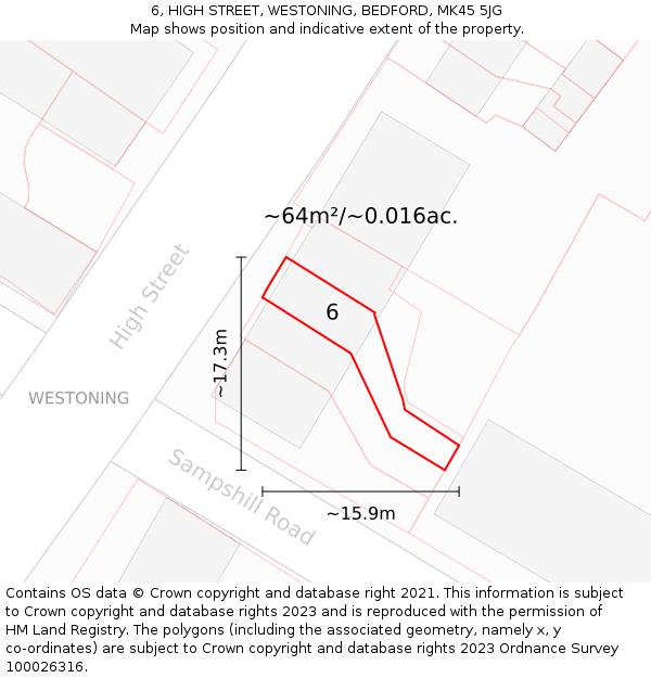 6, HIGH STREET, WESTONING, BEDFORD, MK45 5JG: Plot and title map