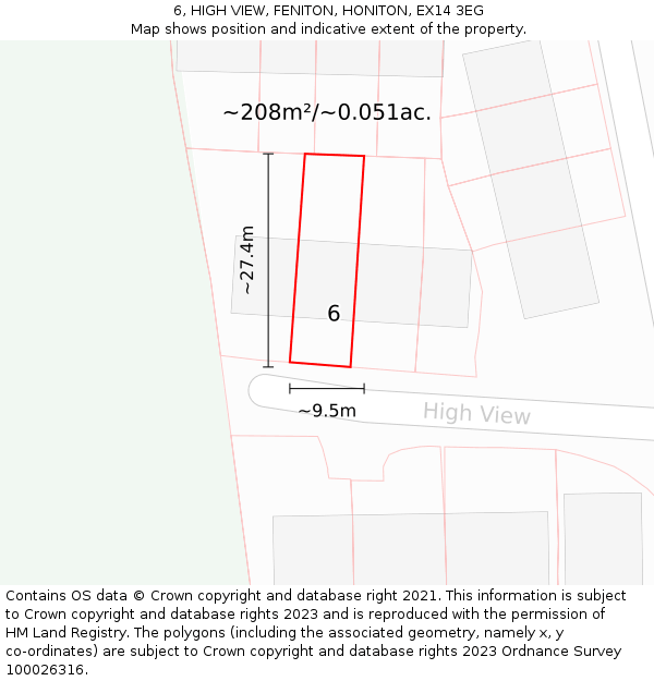 6, HIGH VIEW, FENITON, HONITON, EX14 3EG: Plot and title map