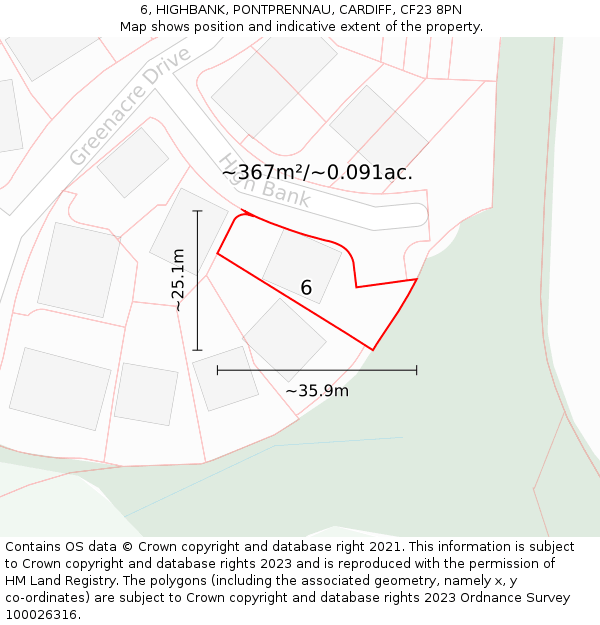 6, HIGHBANK, PONTPRENNAU, CARDIFF, CF23 8PN: Plot and title map