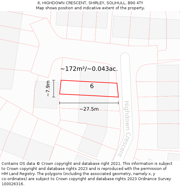 6, HIGHDOWN CRESCENT, SHIRLEY, SOLIHULL, B90 4TY: Plot and title map