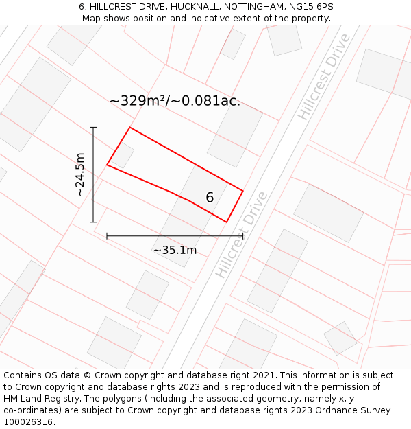 6, HILLCREST DRIVE, HUCKNALL, NOTTINGHAM, NG15 6PS: Plot and title map