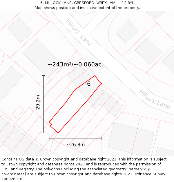 6, HILLOCK LANE, GRESFORD, WREXHAM, LL12 8YL: Plot and title map