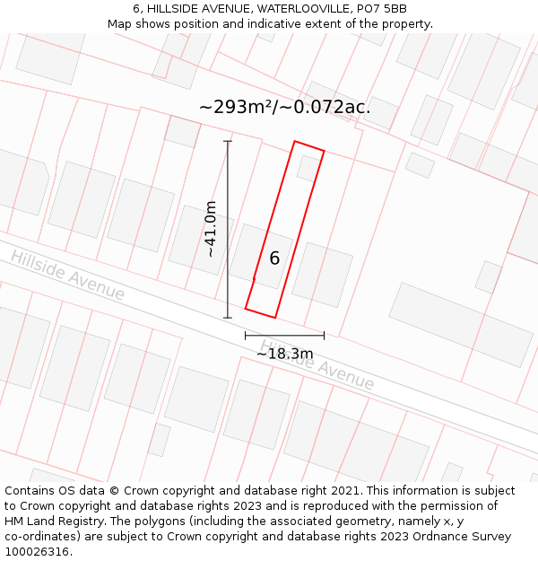 6, HILLSIDE AVENUE, WATERLOOVILLE, PO7 5BB: Plot and title map
