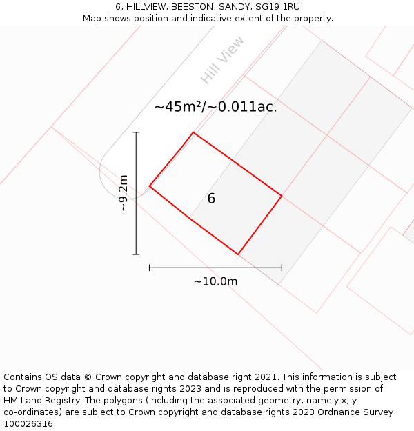 6, HILLVIEW, BEESTON, SANDY, SG19 1RU: Plot and title map