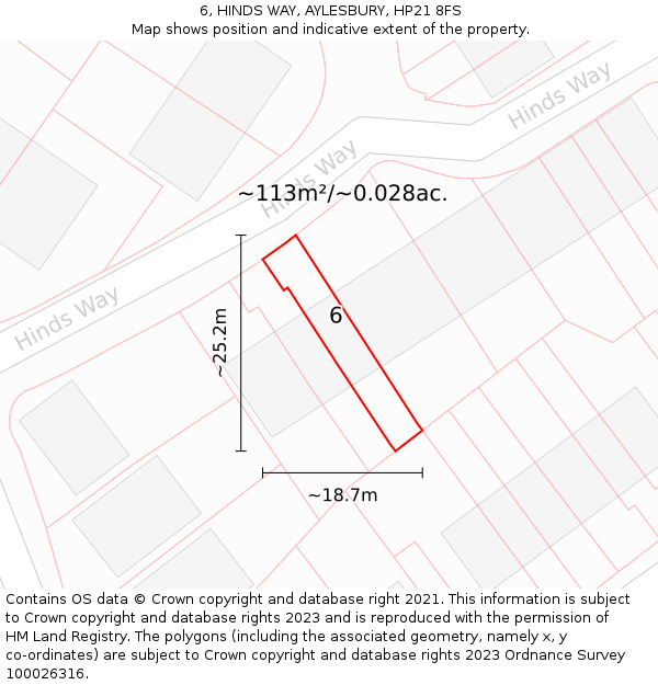 6, HINDS WAY, AYLESBURY, HP21 8FS: Plot and title map