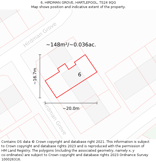 6, HIRDMAN GROVE, HARTLEPOOL, TS24 9QG: Plot and title map