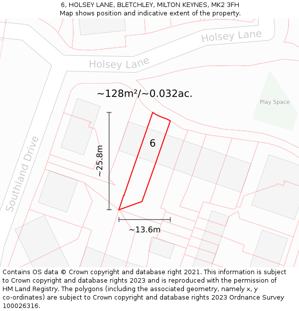 6, HOLSEY LANE, BLETCHLEY, MILTON KEYNES, MK2 3FH: Plot and title map