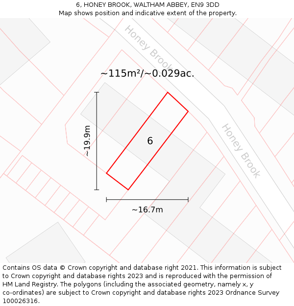 6, HONEY BROOK, WALTHAM ABBEY, EN9 3DD: Plot and title map