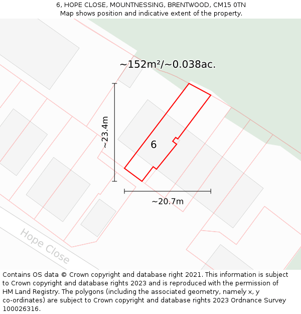 6, HOPE CLOSE, MOUNTNESSING, BRENTWOOD, CM15 0TN: Plot and title map