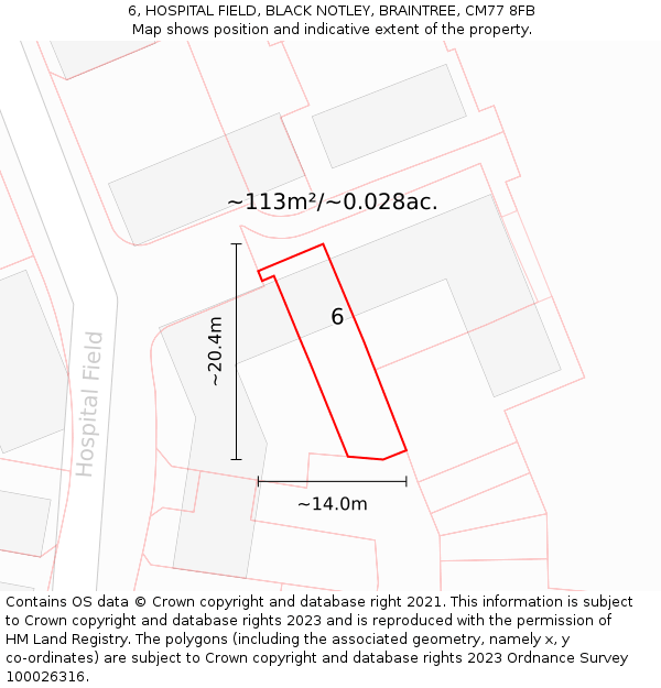 6, HOSPITAL FIELD, BLACK NOTLEY, BRAINTREE, CM77 8FB: Plot and title map