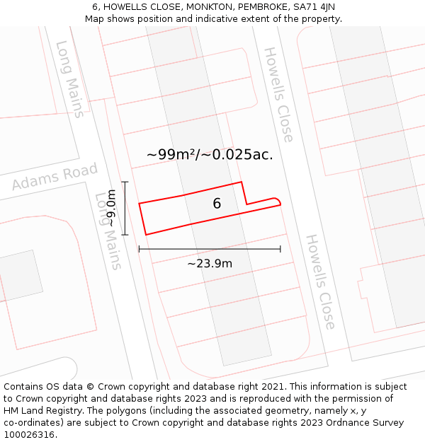 6, HOWELLS CLOSE, MONKTON, PEMBROKE, SA71 4JN: Plot and title map
