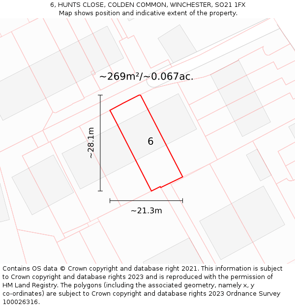 6, HUNTS CLOSE, COLDEN COMMON, WINCHESTER, SO21 1FX: Plot and title map