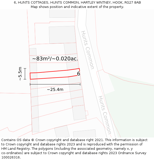 6, HUNTS COTTAGES, HUNTS COMMON, HARTLEY WINTNEY, HOOK, RG27 8AB: Plot and title map