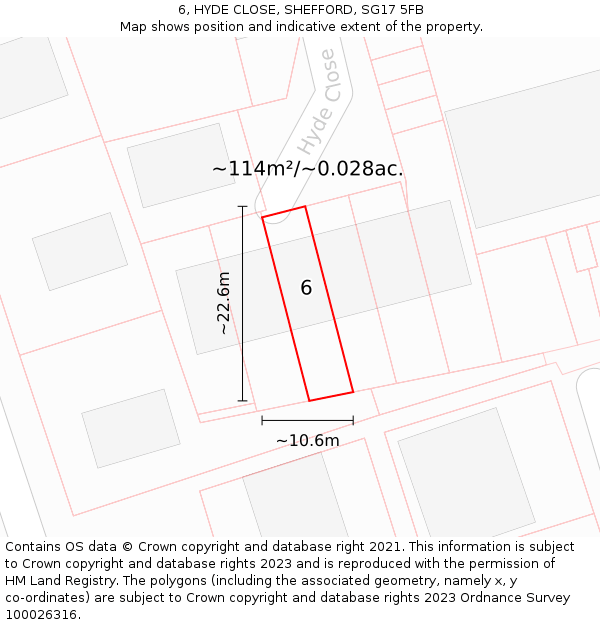 6, HYDE CLOSE, SHEFFORD, SG17 5FB: Plot and title map