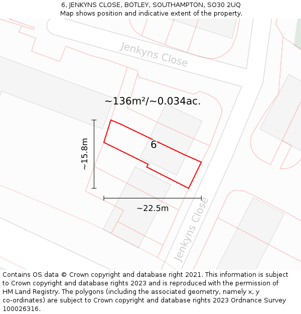 6, JENKYNS CLOSE, BOTLEY, SOUTHAMPTON, SO30 2UQ: Plot and title map