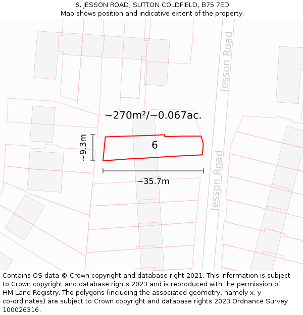 6, JESSON ROAD, SUTTON COLDFIELD, B75 7ED: Plot and title map