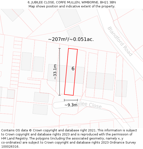 6, JUBILEE CLOSE, CORFE MULLEN, WIMBORNE, BH21 3BN: Plot and title map
