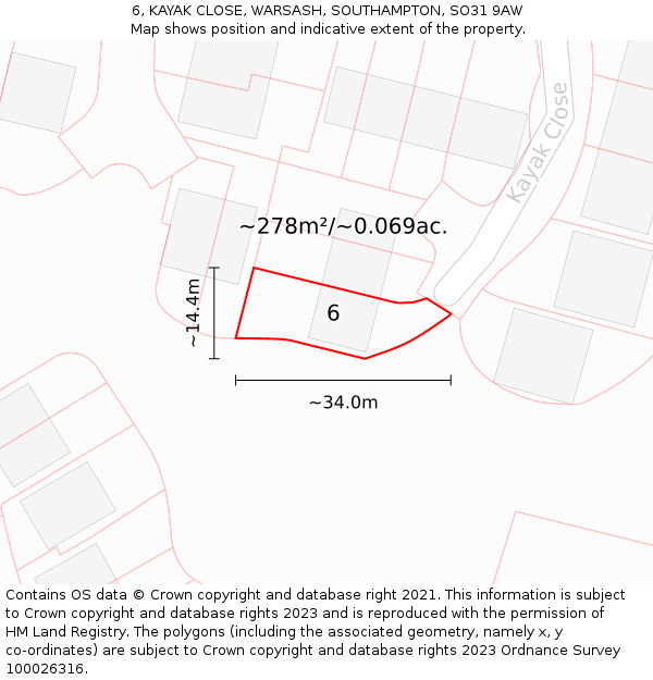 6, KAYAK CLOSE, WARSASH, SOUTHAMPTON, SO31 9AW: Plot and title map
