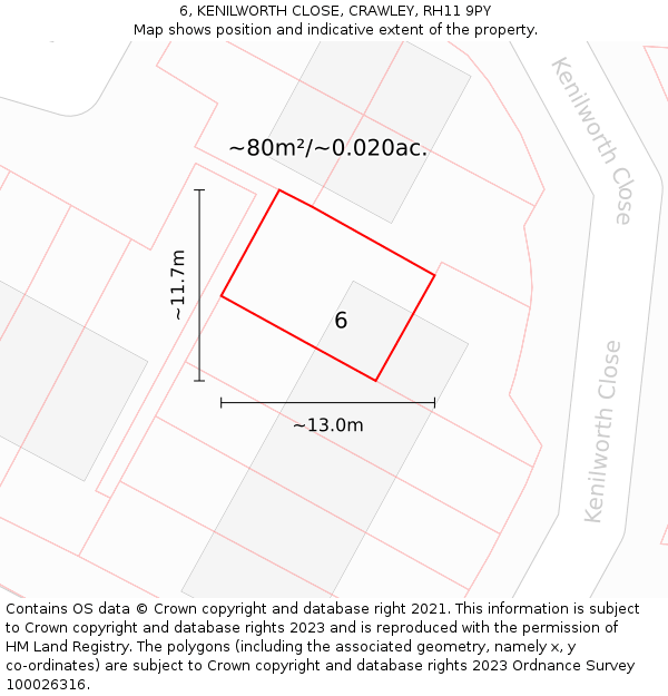 6, KENILWORTH CLOSE, CRAWLEY, RH11 9PY: Plot and title map