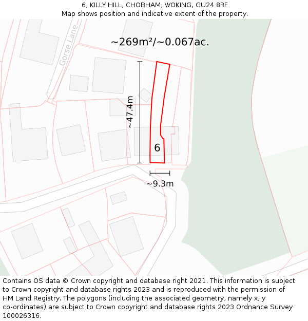 6, KILLY HILL, CHOBHAM, WOKING, GU24 8RF: Plot and title map