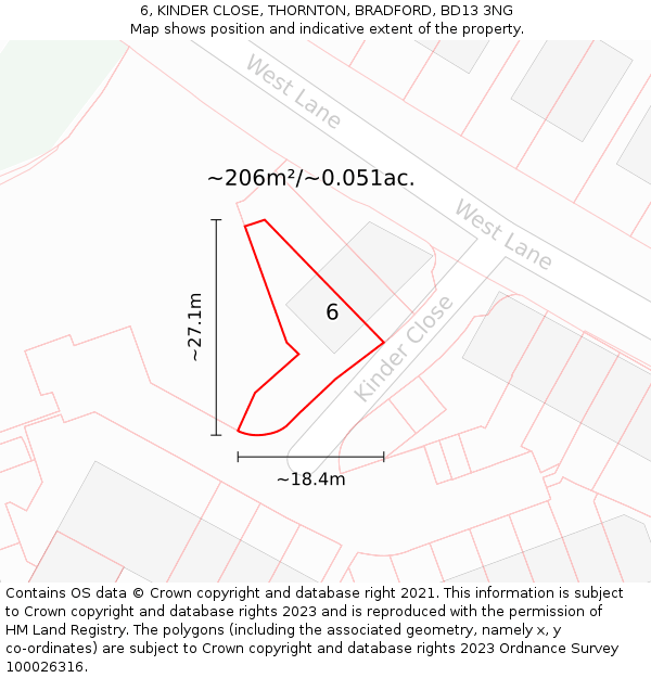 6, KINDER CLOSE, THORNTON, BRADFORD, BD13 3NG: Plot and title map