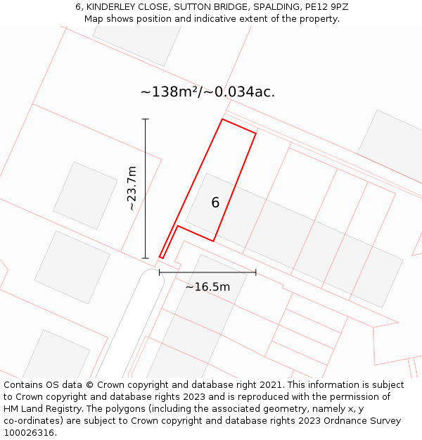 6, KINDERLEY CLOSE, SUTTON BRIDGE, SPALDING, PE12 9PZ: Plot and title map