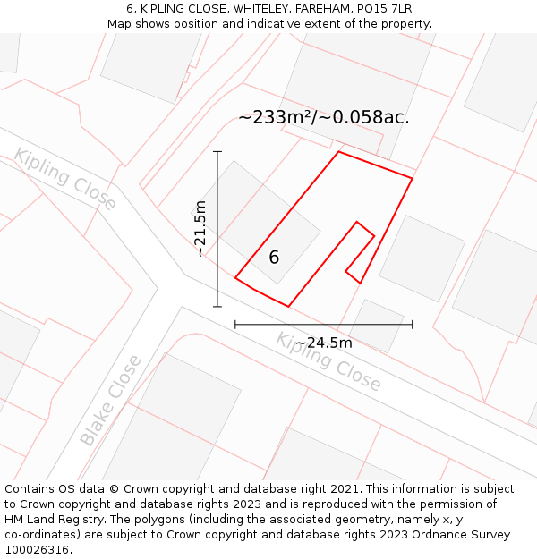 6, KIPLING CLOSE, WHITELEY, FAREHAM, PO15 7LR: Plot and title map