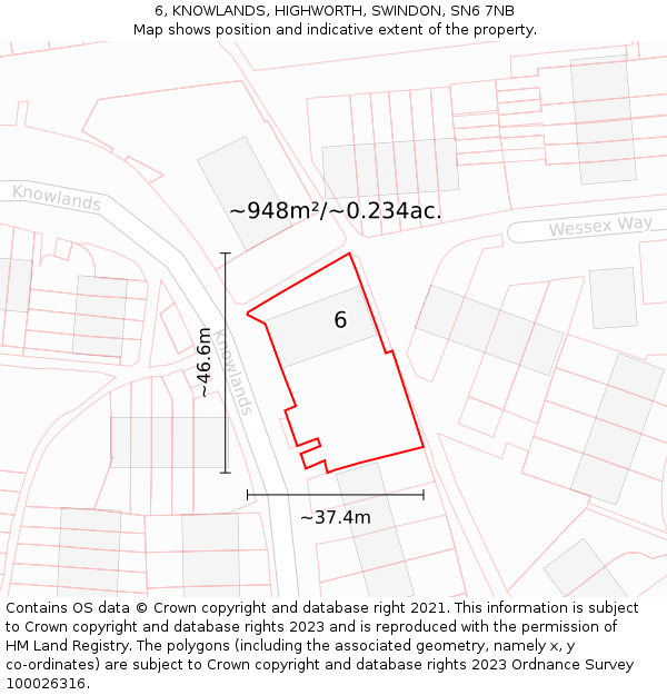 6, KNOWLANDS, HIGHWORTH, SWINDON, SN6 7NB: Plot and title map