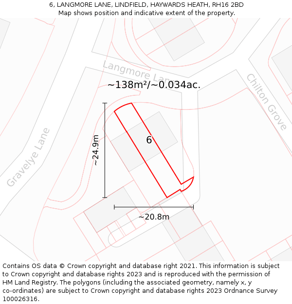 6, LANGMORE LANE, LINDFIELD, HAYWARDS HEATH, RH16 2BD: Plot and title map