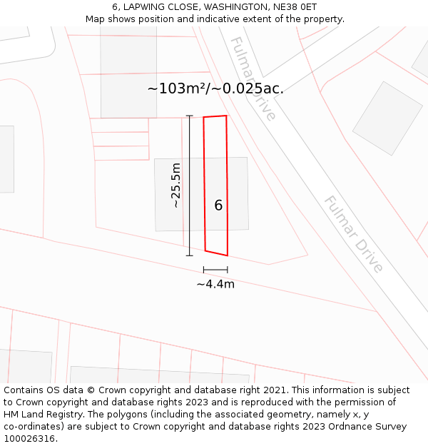 6, LAPWING CLOSE, WASHINGTON, NE38 0ET: Plot and title map