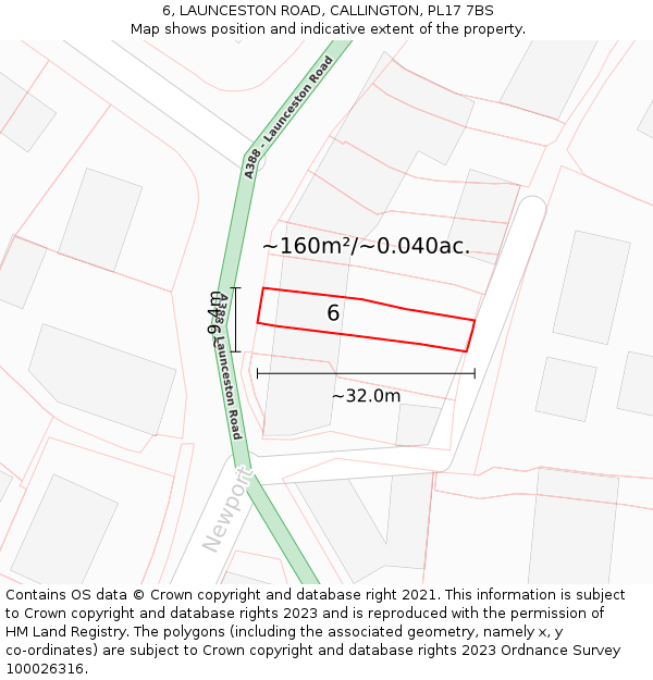 6, LAUNCESTON ROAD, CALLINGTON, PL17 7BS: Plot and title map