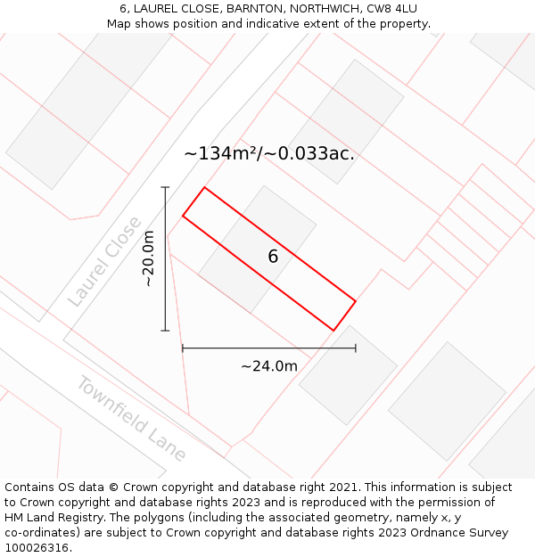 6, LAUREL CLOSE, BARNTON, NORTHWICH, CW8 4LU: Plot and title map