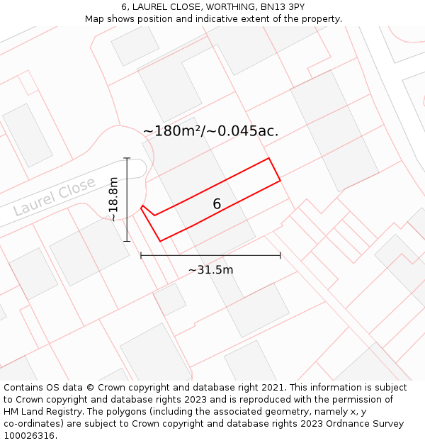 6, LAUREL CLOSE, WORTHING, BN13 3PY: Plot and title map