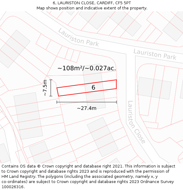 6, LAURISTON CLOSE, CARDIFF, CF5 5PT: Plot and title map