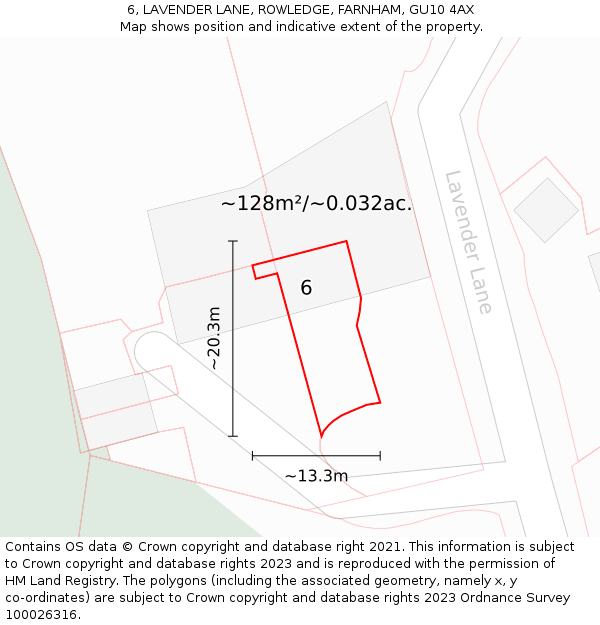 6, LAVENDER LANE, ROWLEDGE, FARNHAM, GU10 4AX: Plot and title map