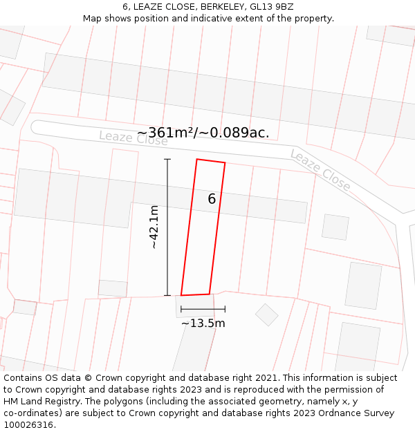 6, LEAZE CLOSE, BERKELEY, GL13 9BZ: Plot and title map