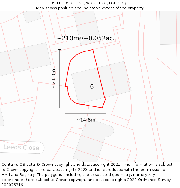 6, LEEDS CLOSE, WORTHING, BN13 3QP: Plot and title map