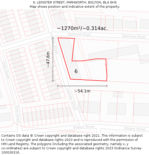 6, LEINSTER STREET, FARNWORTH, BOLTON, BL4 9HS: Plot and title map