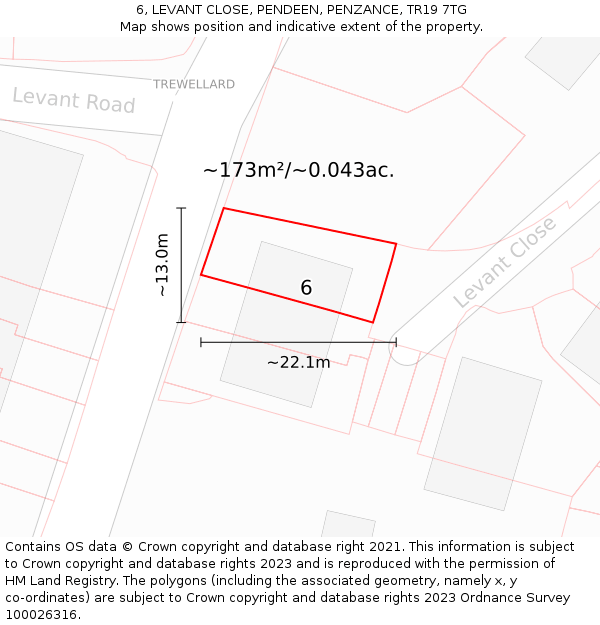 6, LEVANT CLOSE, PENDEEN, PENZANCE, TR19 7TG: Plot and title map