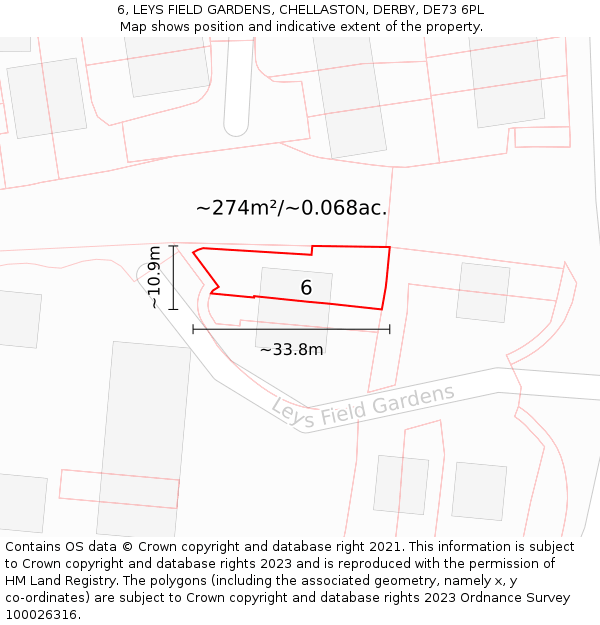 6, LEYS FIELD GARDENS, CHELLASTON, DERBY, DE73 6PL: Plot and title map