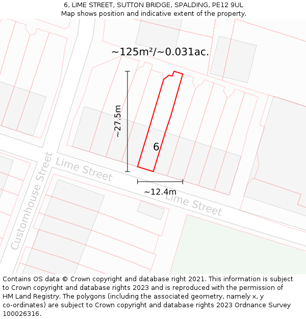 6, LIME STREET, SUTTON BRIDGE, SPALDING, PE12 9UL: Plot and title map