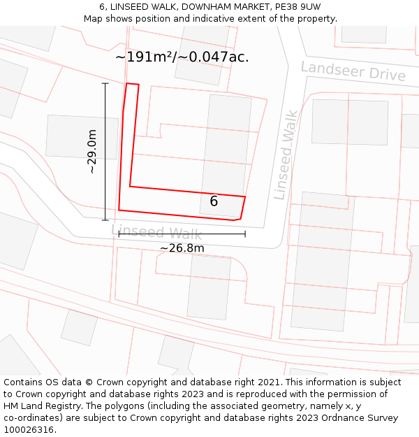 6, LINSEED WALK, DOWNHAM MARKET, PE38 9UW: Plot and title map