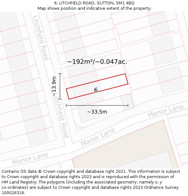 6, LITCHFIELD ROAD, SUTTON, SM1 4BQ: Plot and title map