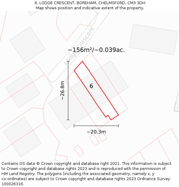 6, LODGE CRESCENT, BOREHAM, CHELMSFORD, CM3 3DH: Plot and title map